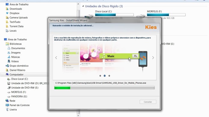 Aguarde o processo de instalação das partes principais e adicionais do Samsung Kies (Foto: Reprodução/Daniel Ribeiro)