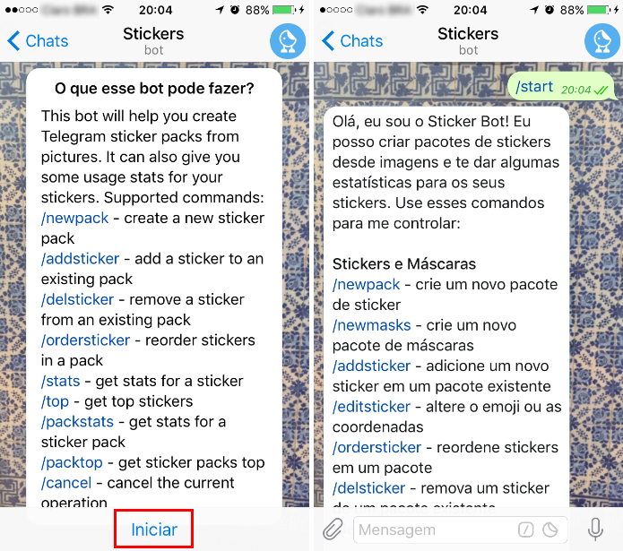 Aperte em “Iniciar” para poder utilizar os comandos do perfil automático do Telegram (Foto: Reprodução/Daniel Ribeiro)