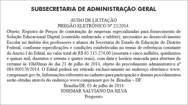 Aviso de licitação para compra de tablets publicado no Diário Oficial do DF (Foto: Diário Oficial do DF/Reprodução)