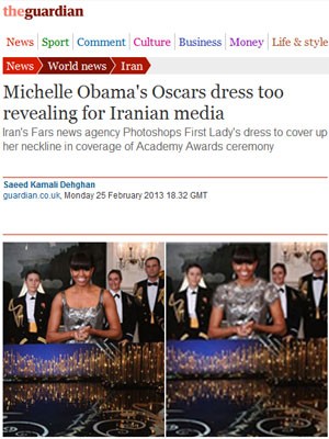 Vestido de Michelle 'reformado' pela agência iraniana repercutiu na imprensa internacional (Foto: Reprodução/The Guardian)