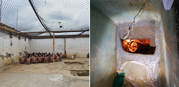Durante a revista, presos foram colocados no pátio. Imagem também mostra que o túnel estava iluminado (Foto: G1/RN)