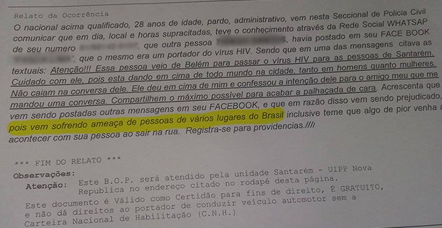 Rapaz registrou Boletim de Ocorrência na manhã de sexta-feira na delegacia em Santarém (Foto: Arquivo Pessoal) Rapaz registrou Boletim de Ocorrência na manhã de sexta-feira na delegacia em Santarém (Foto: Arquivo Pessoal)
