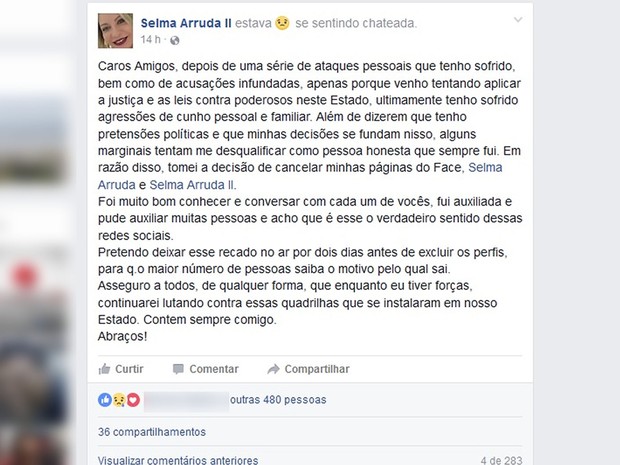 Juíza Selma Arruda fez desabafo no Facebook (Foto: Reprodução/Facebook)