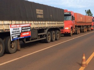 Caminhoneiros durante bloqueio na BR-463 em Sanga Puitã (Foto: Martin Andrada/ TV Morena)