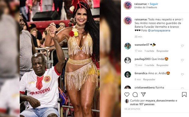 Raissa Machado, rainha de bateria da Viradouro, homenageia Seu Arídio, guardião da Bateria Furacão Vermelho (Foto: Reprodução/Instagram) Raissa Machado, rainha de bateria da Viradouro, homenageia Seu Arídio, guardião da Bateria Furacão Vermelho (Foto: Reprodução/Instagram)