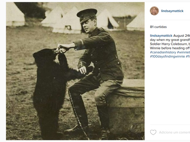 Lindsay Mattick publicou foto do bisavô com a ursinha Winnie em 1914 (Foto: Reprodução/Instagram)