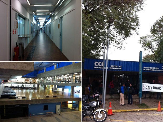 Acima, prédio central da ECA; abaixo, imagem da FAU; à direita, piquete de funcionários no DTI (Foto: Ana Carolina Moreno/G1)