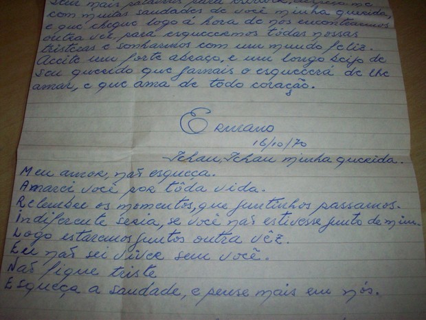 Uma das cartas que Ermano mandou para Marilene (Foto: Arquivo Pessoal / Fabiana Ferreira)