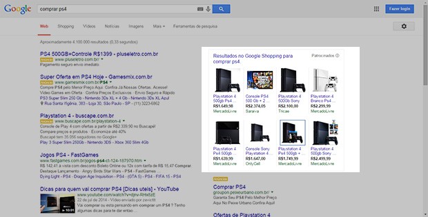 Página de busca de compra do Google. Em destaque, o serviço do Google Shopping. A União Europeia acusa a empresa de concorrência desleal (Foto: Reprodução / Google)