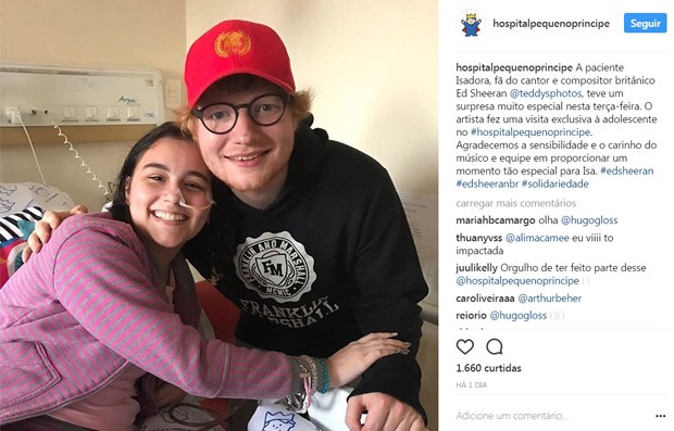Ed Sheeran visita paciente Isadora em hospital do PR (Foto: Reprodução/Instagram)