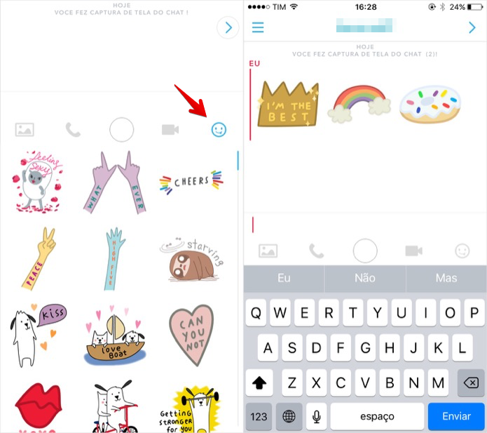 Enviando stickers no chat do Snapchat (Foto: Reprodução/Helito Bijora)