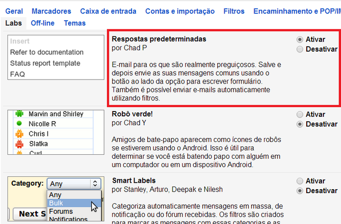 Ativação de respostas predeterminadas no Gmail (Foto: Reprodução/ Marcela Vaz)
