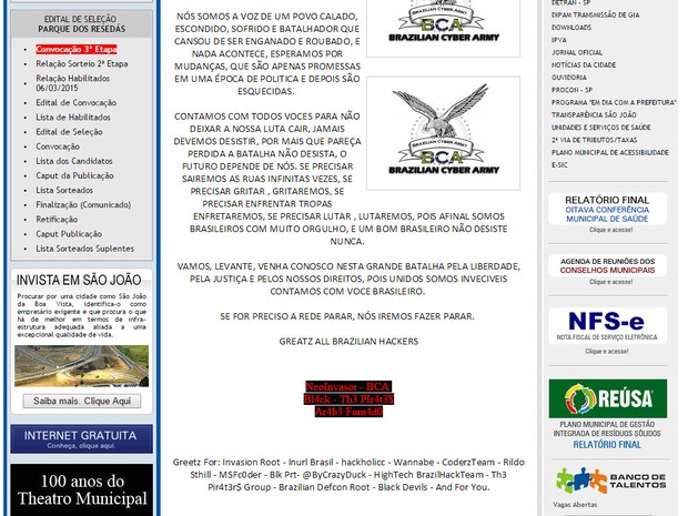 Mensagem deixada pelos invadores no site da Prefeitura (Foto: Reprodução)