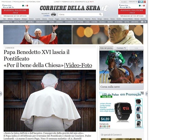 'Para o bem da Igreja', diz a manchete do jornal italiano 'Corriere della Sera' (Foto: Reprodução/Corriere della Sera)