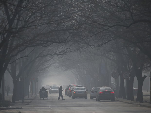 Pedestres são vistos em rua de Pequim em meio a ar altamente poluído neste domingo (29) (Foto: /Kim Kyung-Hoon/Reuters)
