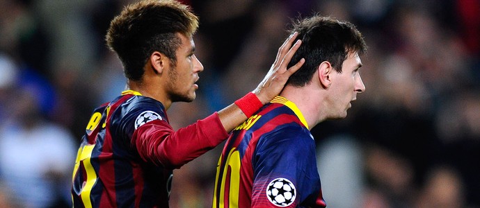 Neymar e Messi comemoração Barcelona jogo Milan Liga dos Campeoes (Foto: Getty Images)