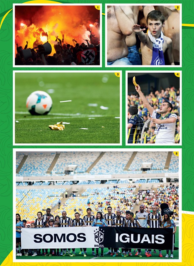 GUERRA AOS RACISTAS 1. Torcedores com  bandeira nazista em Moscou 2. Um torcedor na Ucrânia faz o gesto fascista 3. Uma banana jogada no campo em Barcelona 4. Uma banana nas mãos de um turco  5. Atletas do Botafogo contra o racismo (Foto: AP, Reuters, Alex Caparros/Getty Images,  Zan Kose/AFP e Wagner Meier/Agif/Ag. O Globo)