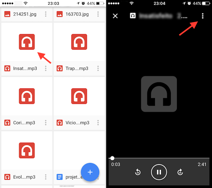 Caminho para reproduzir uma música e abrir as configurações do arquivo no Google Drive (Foto: Reprodução/Marvin Costa)