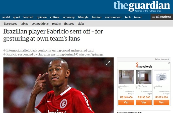 The Guardian relatou o surto de Fabrício no jogo contra o Ypiranga (Foto: Reprodução)