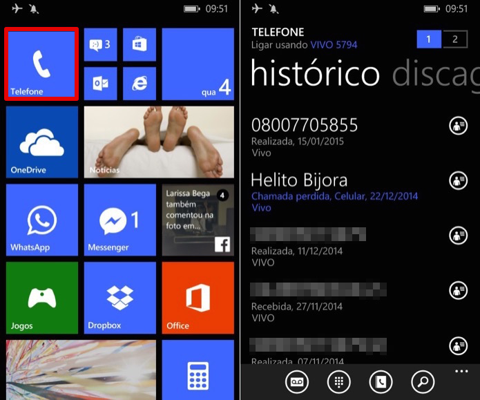 Abra o aplicativo de telefone do Windows Phone (Foto: Reprodução/Helito Bijora)