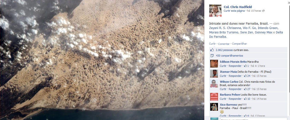 Imagem das dunas do Delta do Parnaíba postada pelo astronauta em rede social (Foto: Reprodução/Facebook)