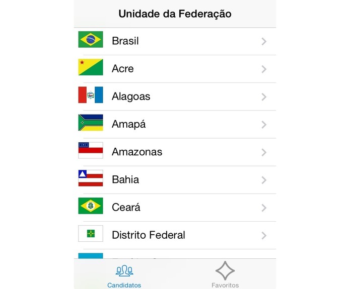 No app Candidaturas, é possível escolher qualquer Unidade da Federação para consultar seus candidatos (Foto: Reprodução/Paulo Finotti)