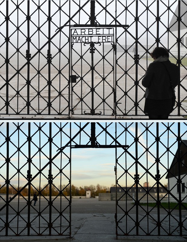 Fotos mostram a entrada do campo de concentração de Dachau, na Alemanha, antes e depois do furto da placa de ferro com a inscrição 'Arbeit macht Frei' ('o trabalho liberta', em alemão) (Foto: Andreas Gebert, DPA/AFP)