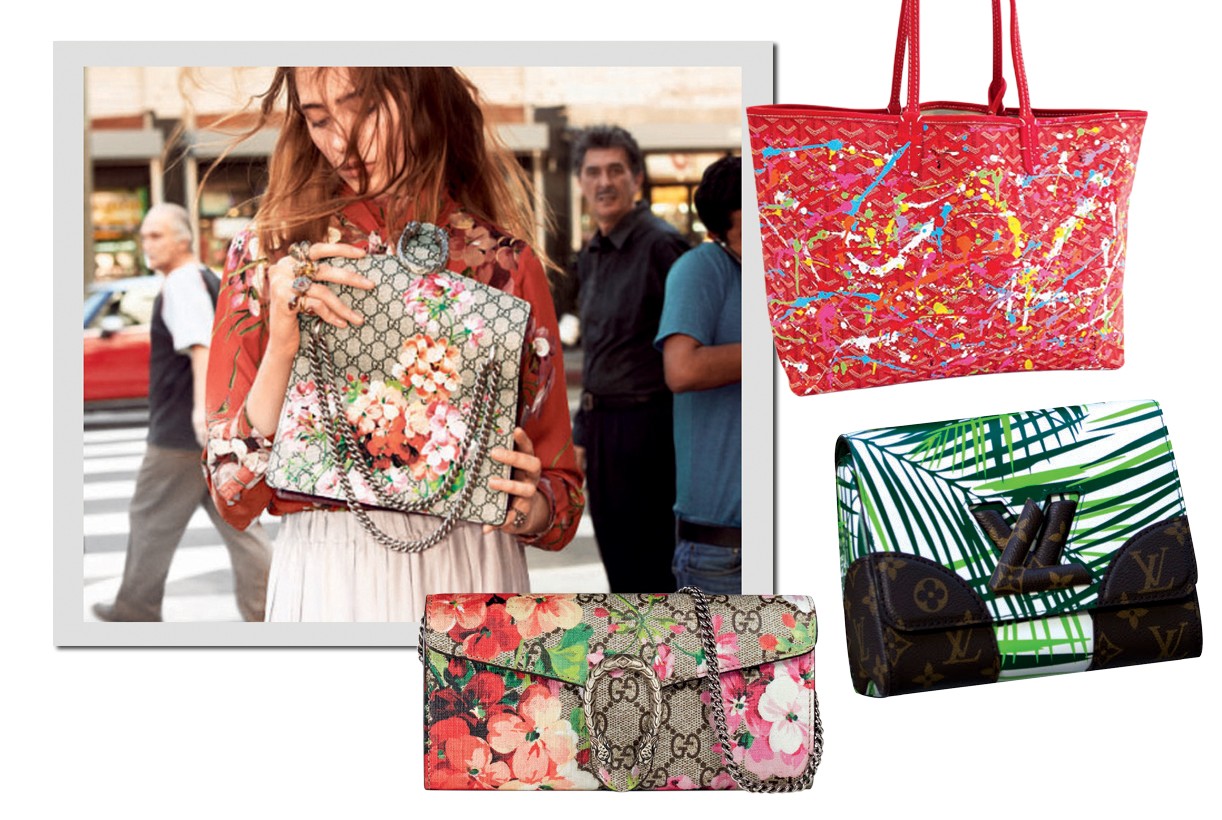 Bolsa da coleção GG Blooms, quetraz gerânios estampados, da Gucci. Bolsa Goyard customizada por Olivia Lambiasi. Gucci R$ 3.460 e Louis Vuitton (Foto: Divulgação)