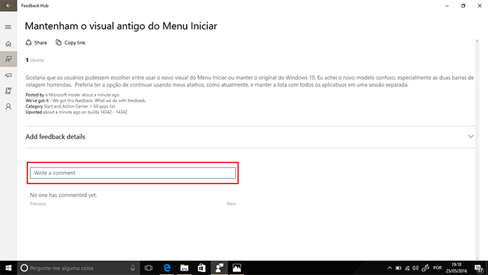 Feedback Hub permite comentários em reclamações e sugestões de outros usuários (Foto: Reprodução/Elson de Souza)