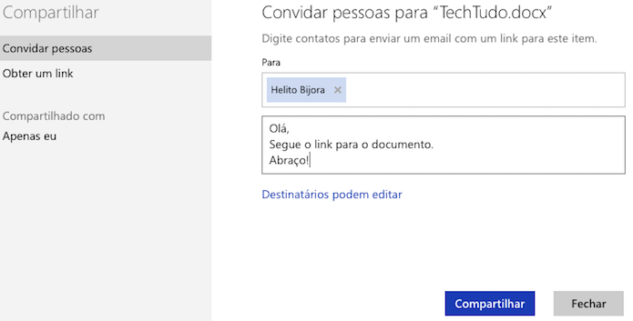 Compartilhando arquivo através do Word Online (Foto: Reprodução/Helito Bijora) 