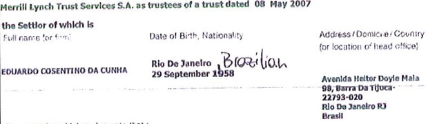 Documento de banco suíço com endereço de Eduardo Cunha no Rio de Janeiro (Foto: Reprodução) Documento de banco suíço com endereço de Eduardo Cunha no Rio de Janeiro (Foto: Reprodução)