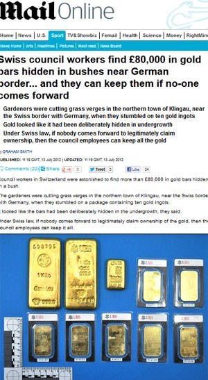 Lingotes de ouro no valor de R$ 256 mil encontrados por trabalhadores na suíça enquanto cortavam grama (Foto: Reprodução)