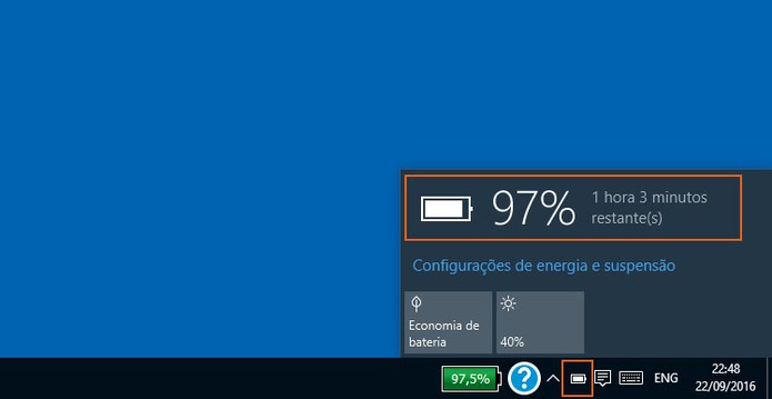 Confira a porcentagem da bateria do notebook de forma nativa no Windows 10 (Foto: Reprodução/Barbara Mannara)