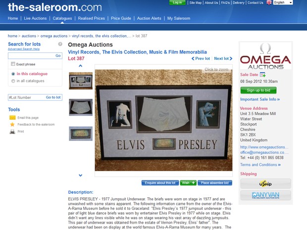 Cueca de Elvis Presley em leilão pela Omega Auctions (Foto: Reprodução/ Site The-saleroom.com)