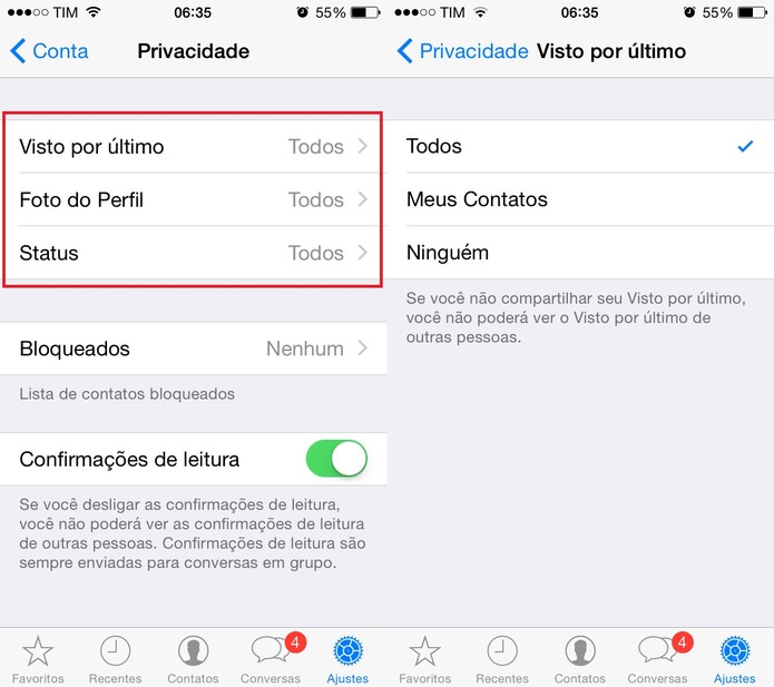 Configure o “visto por último” do WhatsApp como desejar (Foto: Reprodução/Juliana Pixinine) Configure o “visto por último” do WhatsApp como desejar (Foto: Reprodução/Juliana Pixinine)