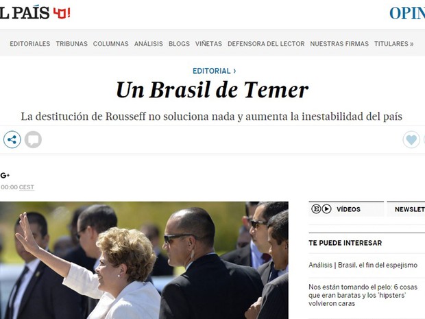 Editorial do jornal El País sobre o afastamento de Dilma Rousseff (Foto: Reprodução/El País)