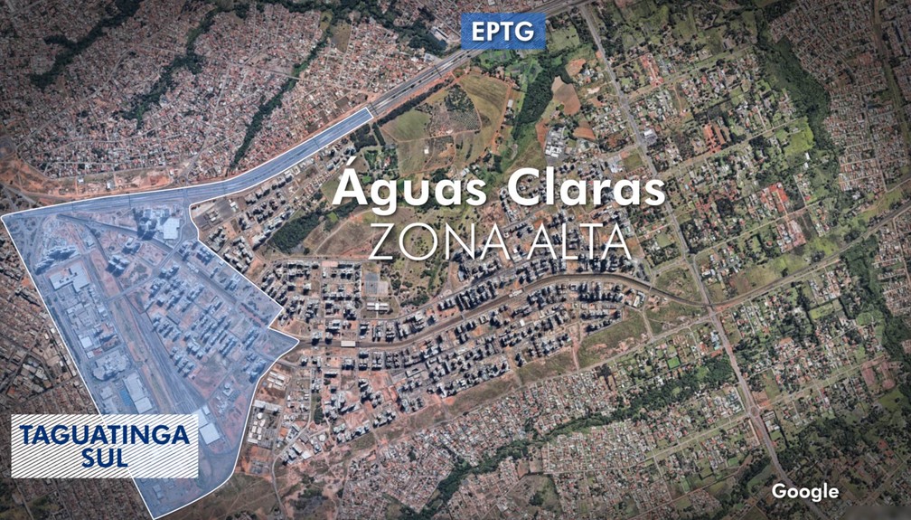 Mapa indica regiões chamadas de 'zona alta' de Águas Claras, no DF, no esquema de racionamento da Caesb (Foto: Arte/TV Globo/Reprodução)