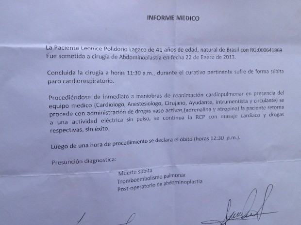 Laudo do hospital boliviano (Foto: Paula Casagrande/G1)