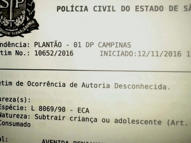 Boletim de ocorrência registrado pela mãe no dia em que bebê foi entregue relatava rapto, em Campinas (Foto: Reprodução / EPTV)