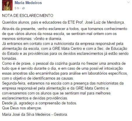 Gestora da Escola Técnica Estadual Professor José Luiz de Mendonça divulgou nota sobre providências que serão tomadas  (Foto: Reprodução /Facebook)