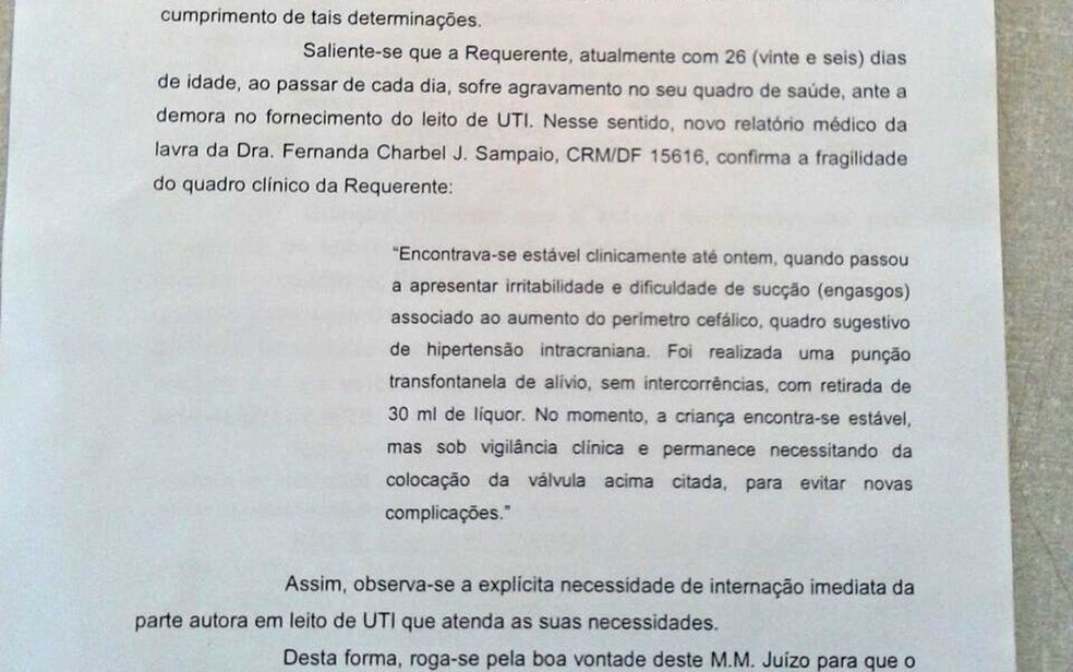 Trecho de decisão judicial a respeito do caso da bebê Alice Lopes Rocha, que desde que nasceu aguarda vaga em UTI neonatal na rede pública do Distrito Federal (Foto: Reprodução)