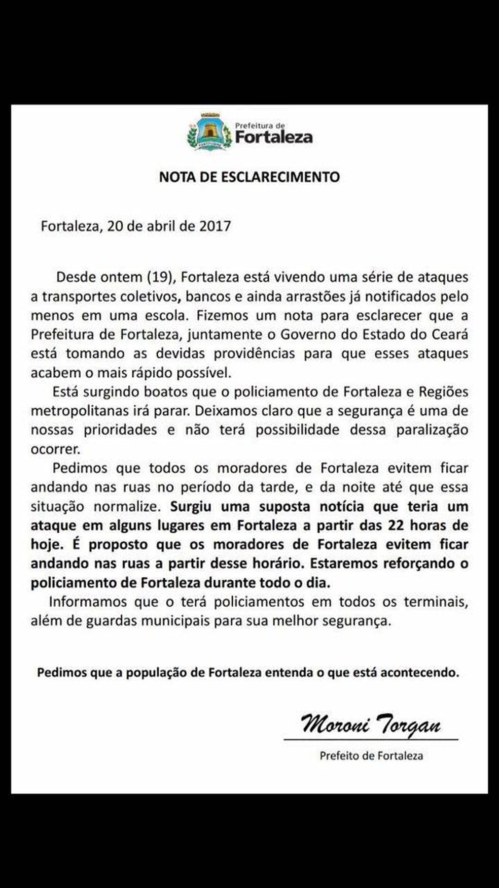 Prefeitura de Fortaleza alerta para conteúdo falso em mensagem em rede social que anuncia toque de recolher (Foto: Reprodução)