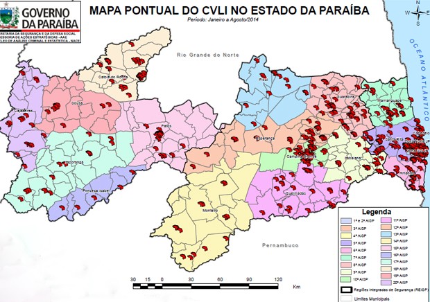 Mapa mostra as regiões com mais Crimes Violentos Letais Intencionais na Paraíba (Foto: Programa Paraíba Unida Pela Paz/Reprodução)