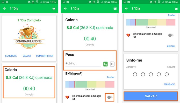 Veja o resumo das calorias gastas, tempo e peso (Foto: Reprodução/Barbara Mannara)