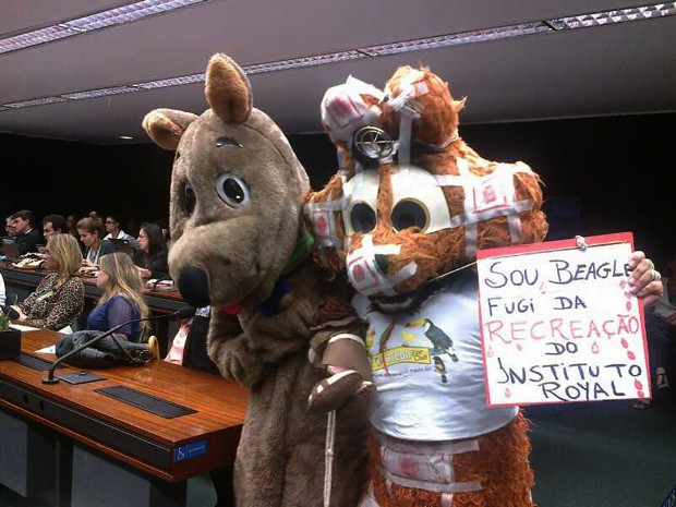 Ativistas se fantasiaram de animais para protestar contra supostos maus-tratos no Instituto Royal (Foto: Isabella Calzolari/G1)