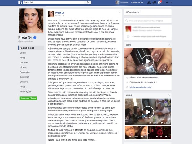 Preta Gil desabafou em rede social após ser alvo de preconceito na internet (Foto: Reprodução / Facebook)