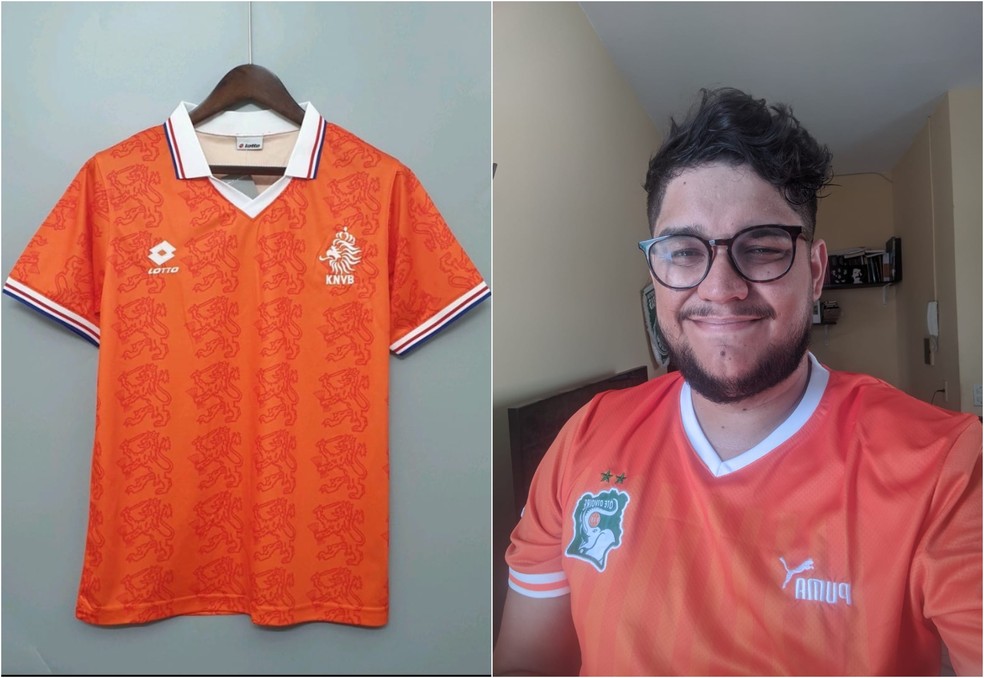 Expectativa/Realidade: cearense queria uniforme da seleção da Holanda, mas recebeu blusa da Costa do Marfim — Foto: Reprodução/Arquivo pessoal 