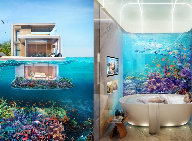 O banheiro e o quarto serão instalados no andar submerso e terão vista para o recife de coral (Foto: Reprodução/THOE)