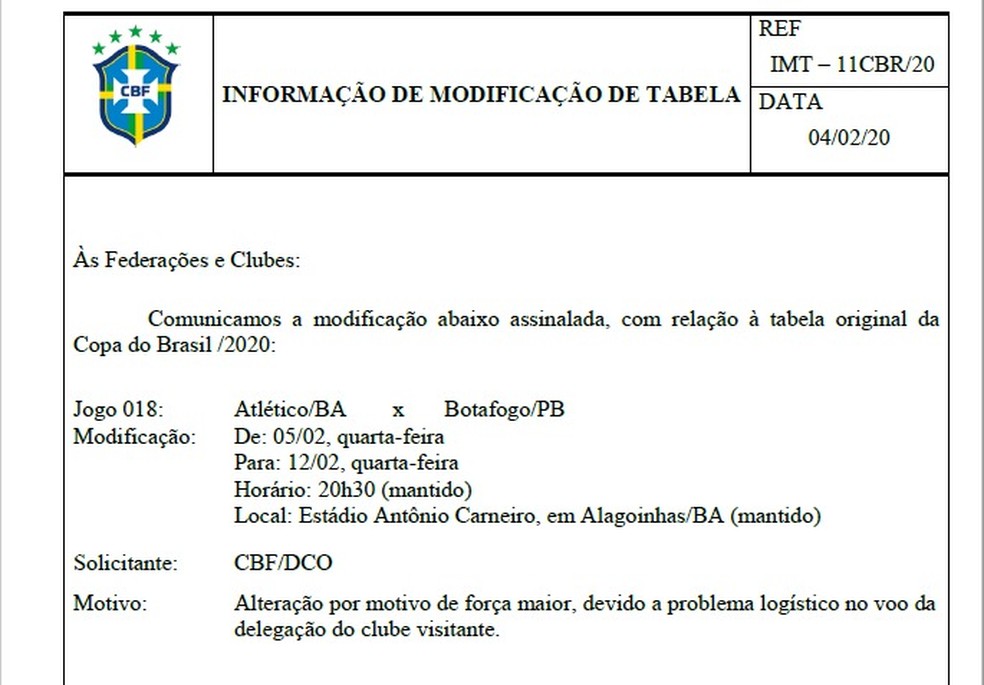 CBF confirma adiamento da partida entre Atlético-BA e Botafogo-PB — Foto: Reprodução / CBF