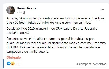 Médico denuncia falsificação de receitas com registro do CRM  desativado no Acre